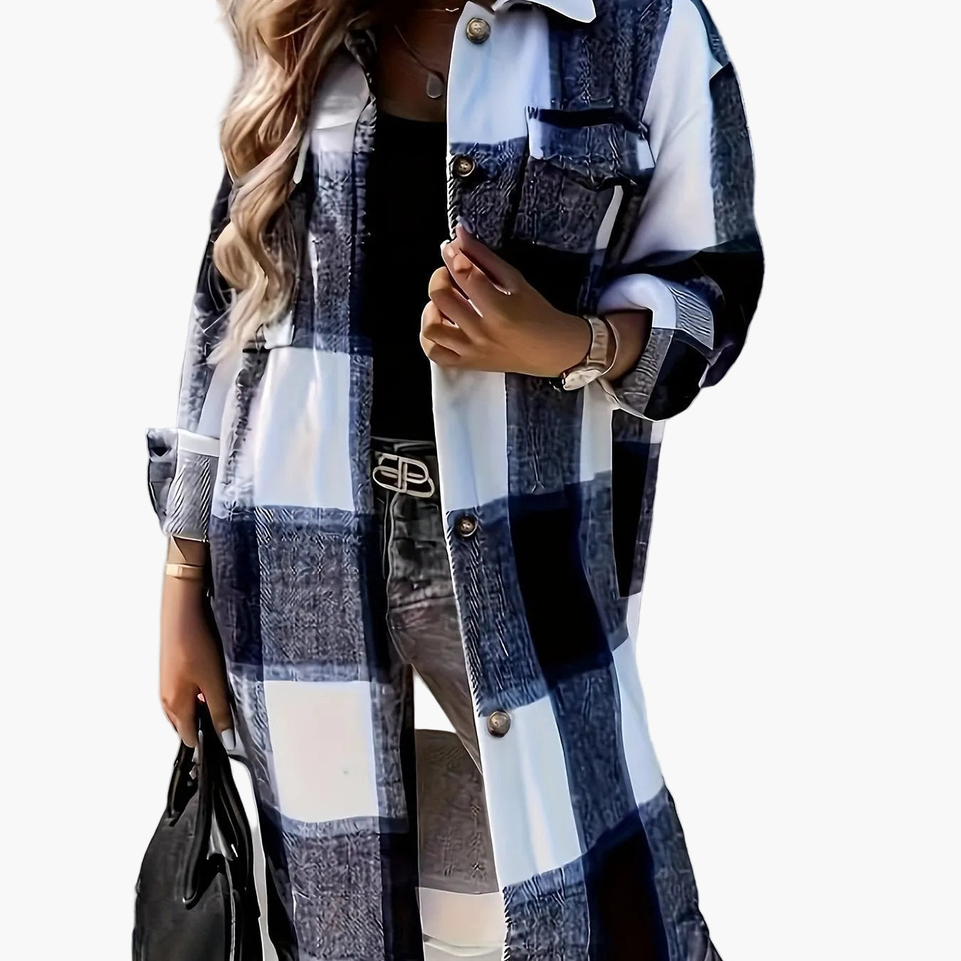 Women's Long Checked Oversize Shacket in Casual Look for Spring and Autumn