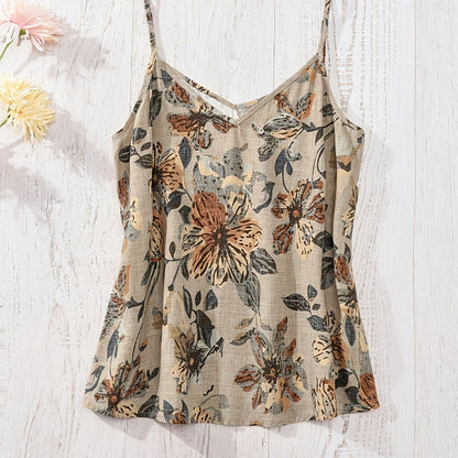 Women's summer top with floral pattern, V-neck, spaghetti straps, casual blouse for vacation and everyday wear