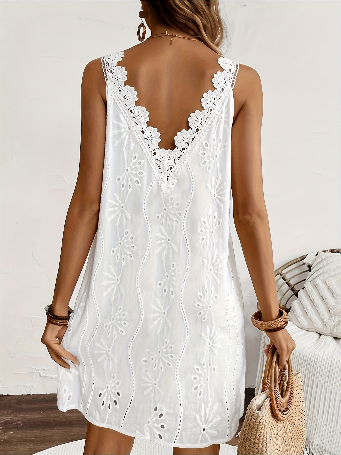 Damen Sommerkleid mit Spitze und Blumenstickerei, lässig, ärmellos, ideal für Urlaub und Alltag