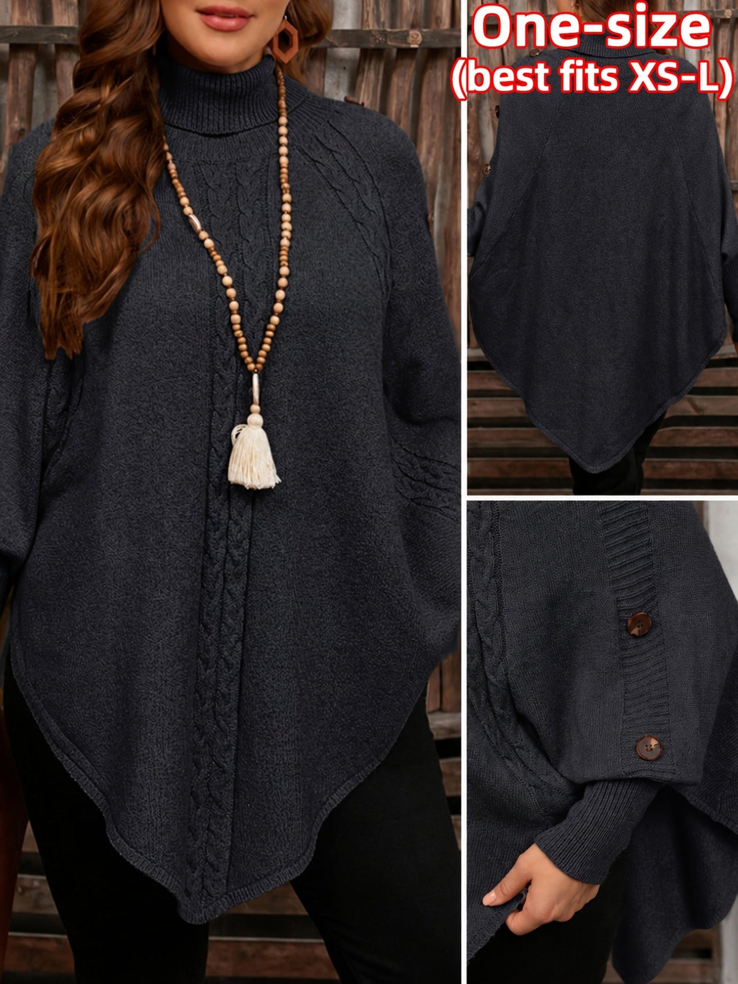 Damen Strick-Poncho mit Rollkragen, Zopfmuster und Knopfdetails