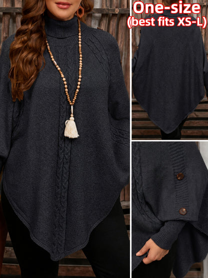 Damen Strick-Poncho mit Rollkragen, Zopfmuster und Knopfdetails