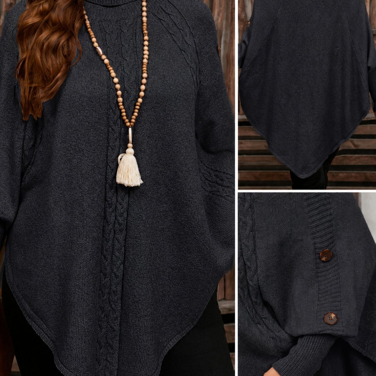 Damen Strick-Poncho mit Rollkragen, Zopfmuster und Knopfdetails