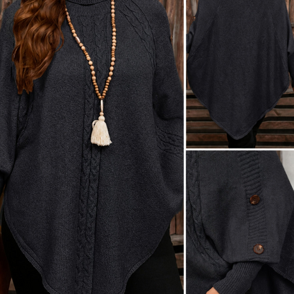 Damen Strick-Poncho mit Rollkragen, Zopfmuster und Knopfdetails