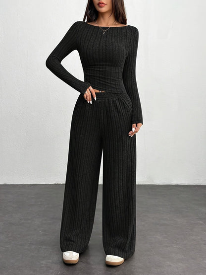 Ribbed loungewear set for women, long-sleeve crop top and wide-leg pants