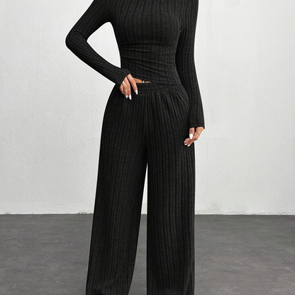 Ribbed loungewear set for women, long-sleeve crop top and wide-leg pants