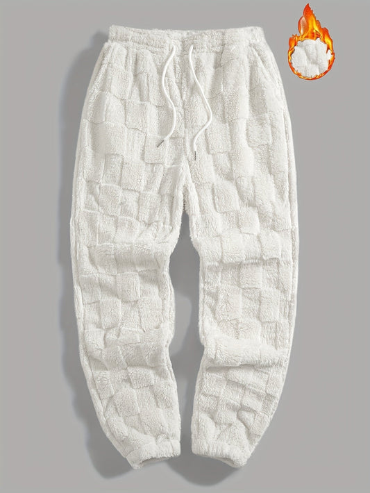 Unisex fluffy sweatpants with a plaid pattern and drawstring, White