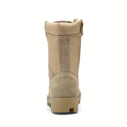 Beige men's lace-up boots with a zipper and rugged tread