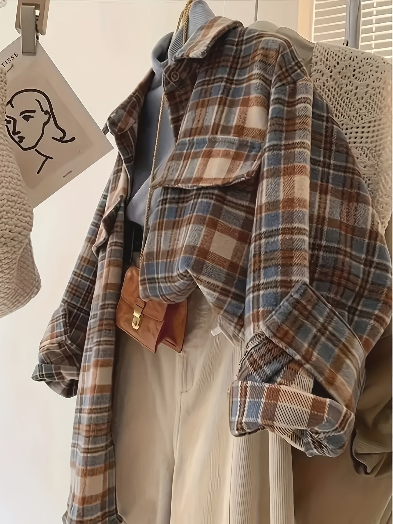 Plaid oversized shacket for women, transitional jacket, brown, blue, beige