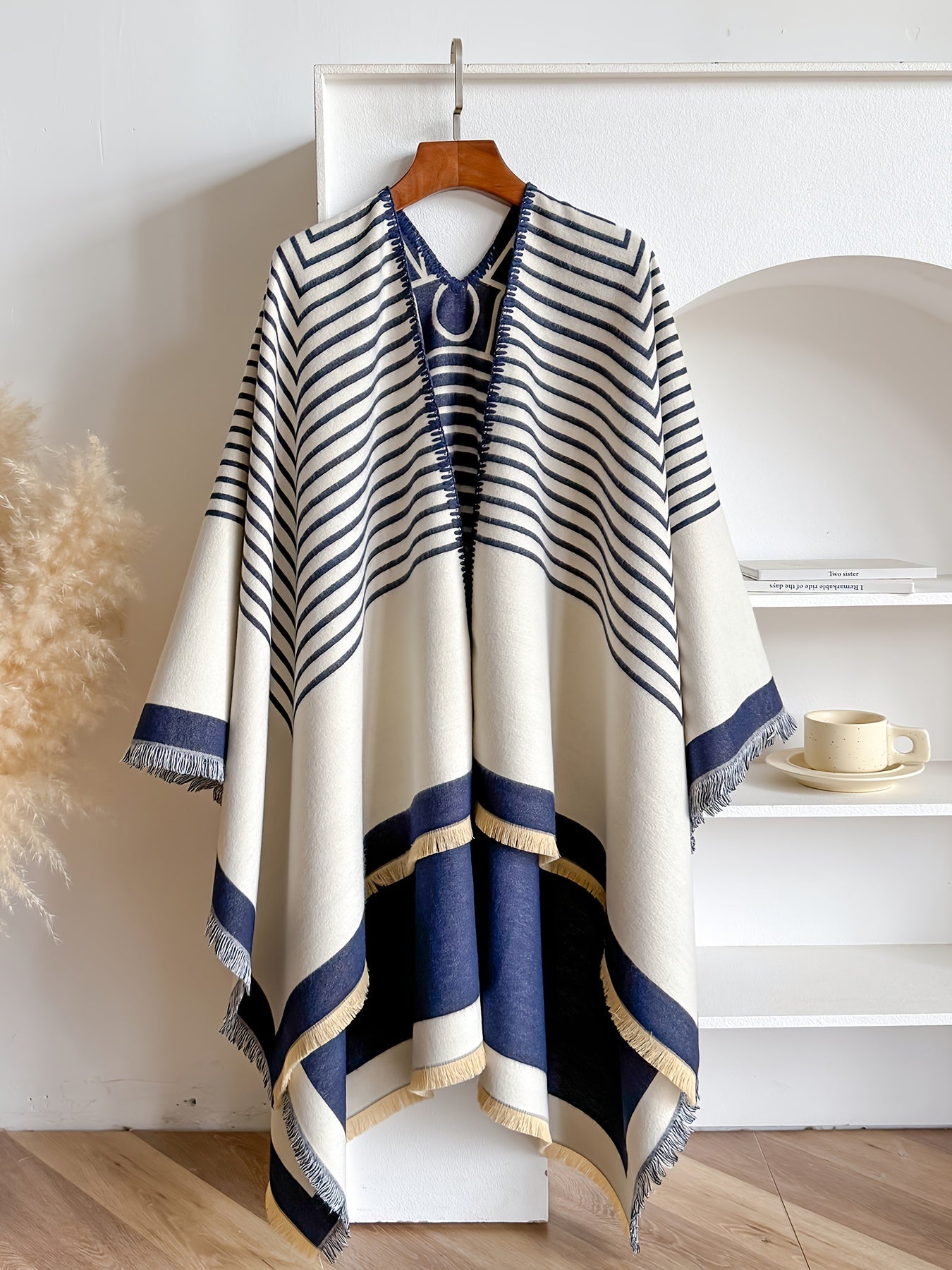 Women's Striped Fringe Trim Open Front Wrap Poncho Cape