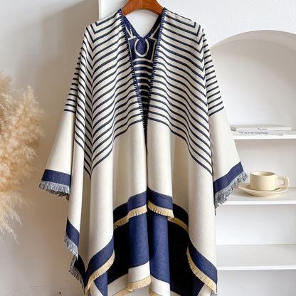 Women's Striped Fringe Trim Open Front Wrap Poncho Cape