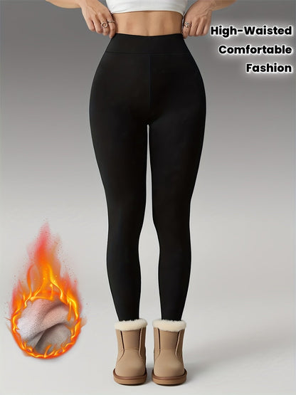 Women's black high-waisted leggings with a thermal look, opaque
