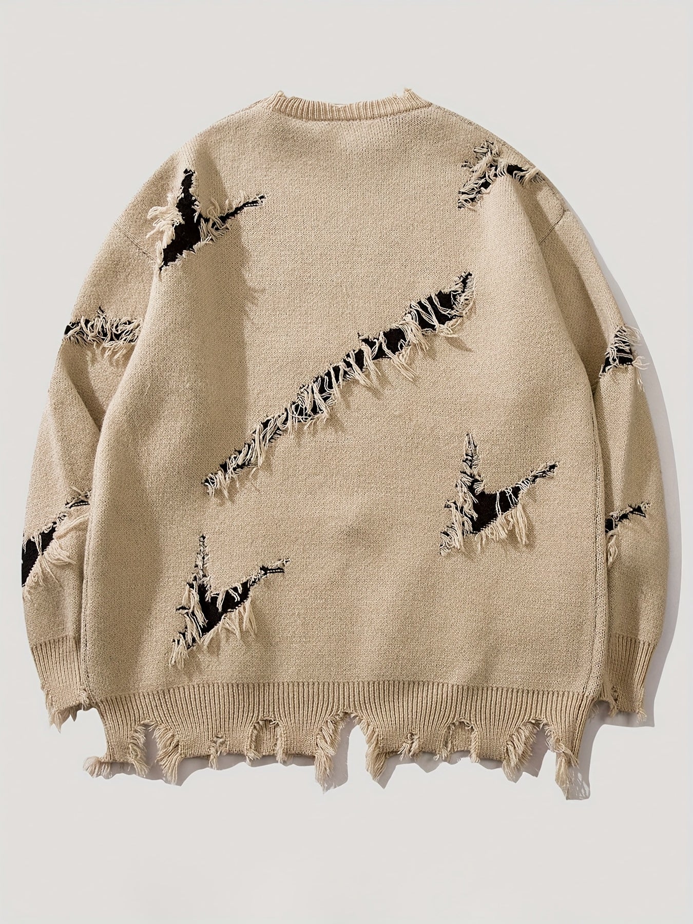 Men's chunky-knit crew-neck sweater with colorful portrait print and distressed details
