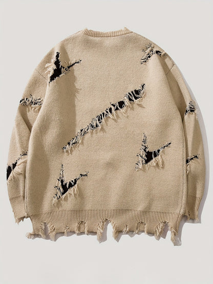 Men's chunky-knit crew-neck sweater with colorful portrait print and distressed details