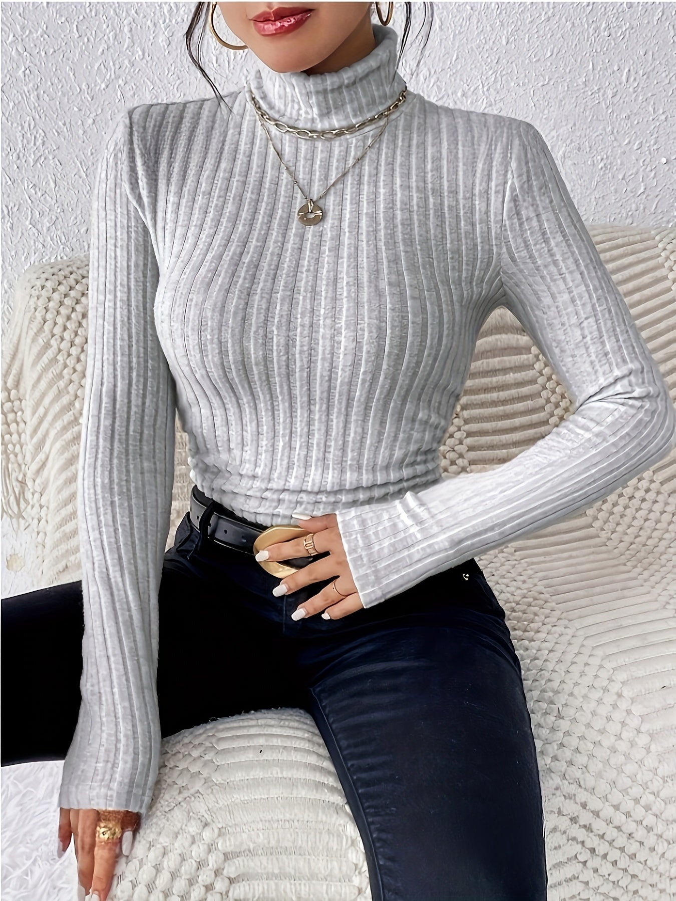 Gerippter Damen Rollkragenpullover Langarm