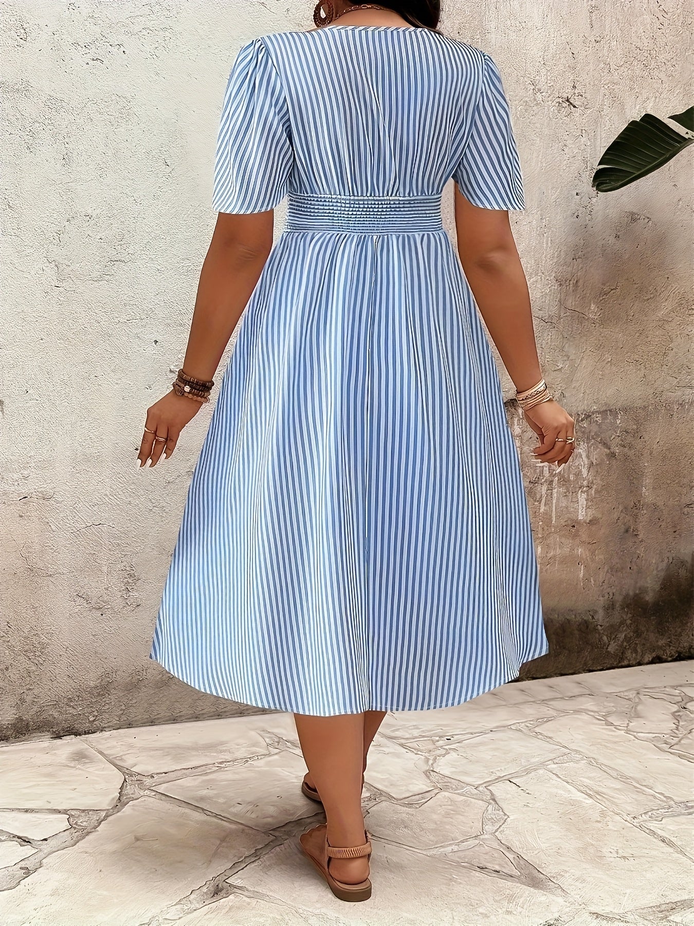 Women's Elegant Striped Midi Dress with V-Neck and Waist Accent for Festive Occasions