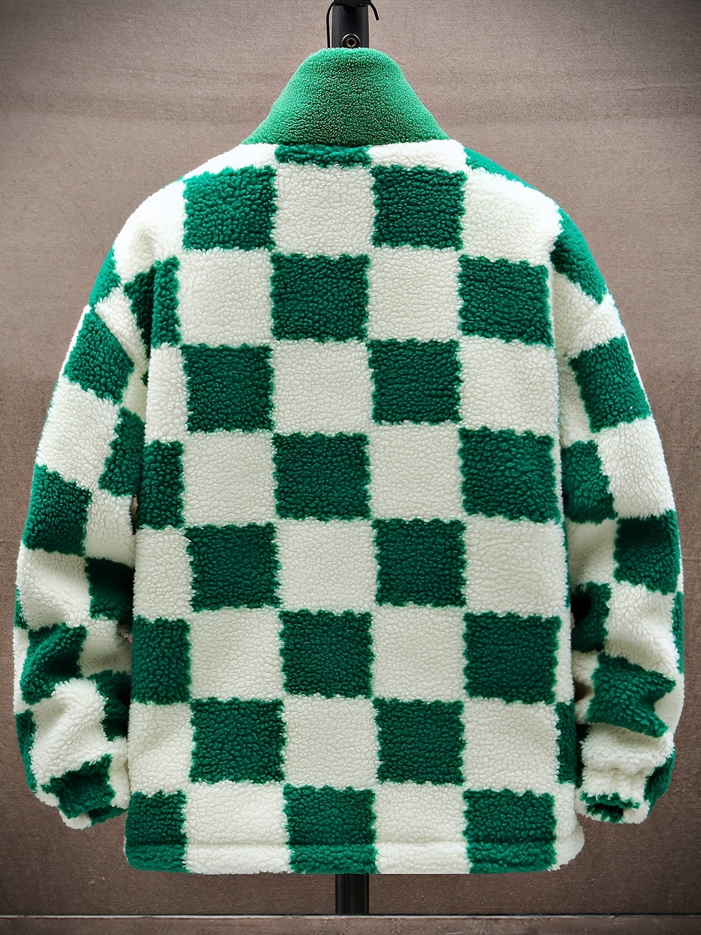 Unisex Fleecejacke mit Schachbrettmuster Reißverschluss Stehkragen