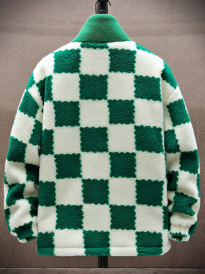 Unisex Fleecejacke mit Schachbrettmuster Reißverschluss Stehkragen