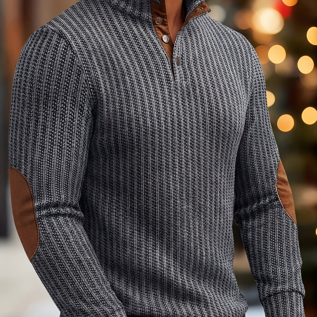 Men's turtleneck sweater with half-button closure and elbow patches, White Black
