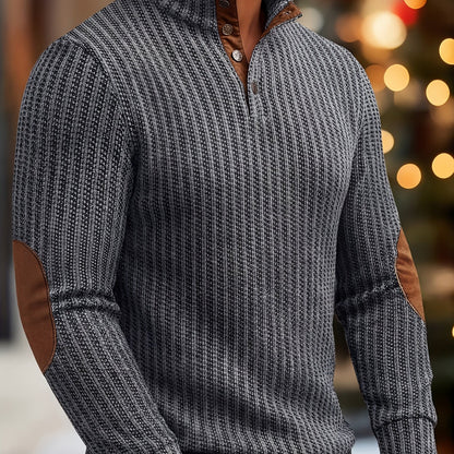 Men's turtleneck sweater with half-button closure and elbow patches, White Black