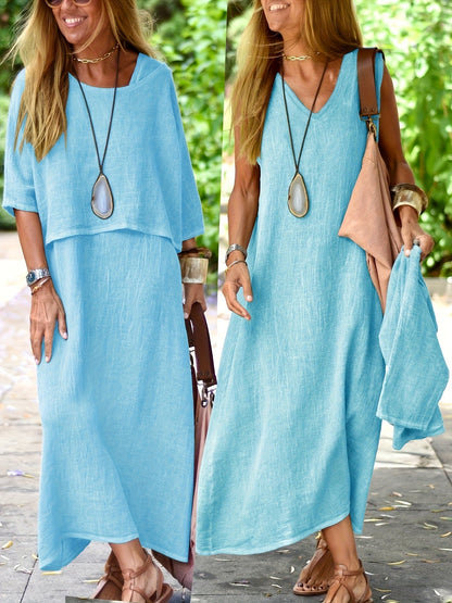 Damen Maxikleid Zweiteiler Set Boho Stil Lässig Sommerkleid für Alltag und Urlaub