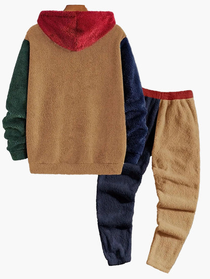 Men's Colorblock Relaxation Clothing Set with Hooded Sweatshirt and Sweatpants – Contemporary Leisure Outfit for Autumn & Winter