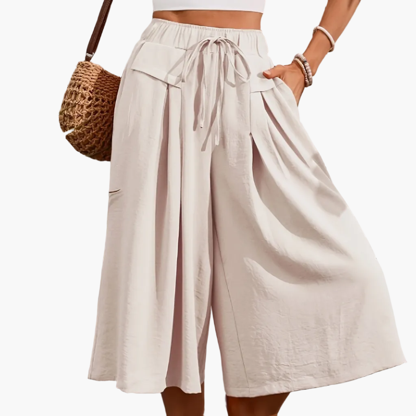 Women's Elegant Wide Summer Culotte Pants with Tie Belt – Fashionable Capri Pants for Leisure and Vacation
