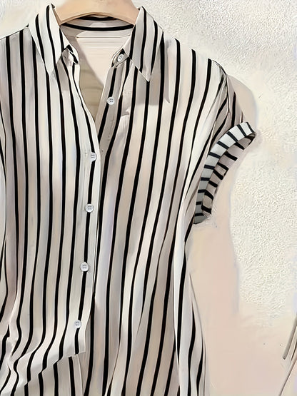 Women's blouse shirt with vertical stripes and button placket – Elegant summer look for office and leisure