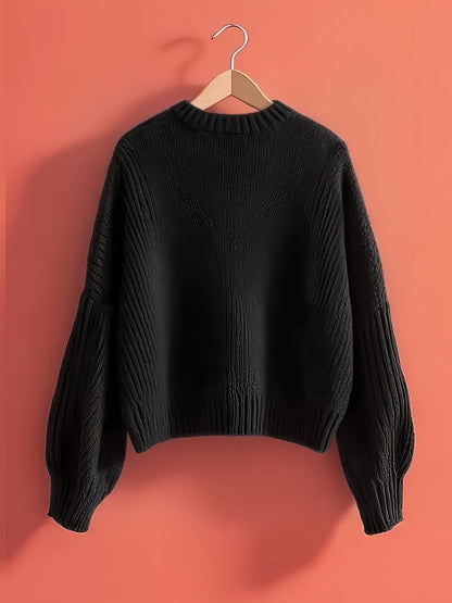 Women's ribbed long-sleeve V-neck sweater with a large bow