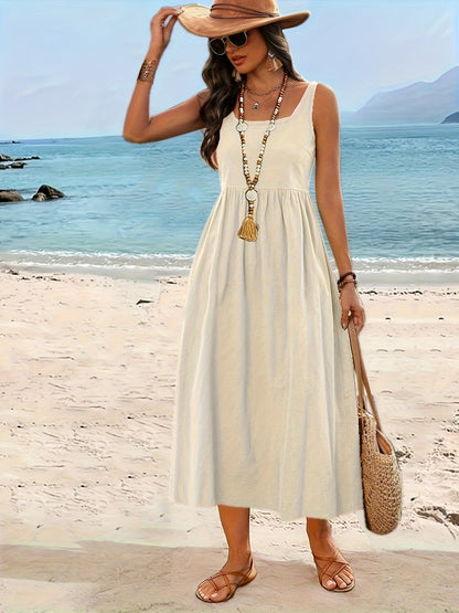 Women's Fit & Flare Midi Dress with Wide Skirt and Square Neck – Perfect for Vacation and Everyday Wear