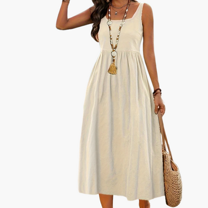 Women's Fit & Flare Midi Dress with Wide Skirt and Square Neck – Perfect for Vacation and Everyday Wear