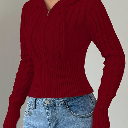 Damen Strickpullover Hoodie Crop Top Zopfmuster Reißverschluss
