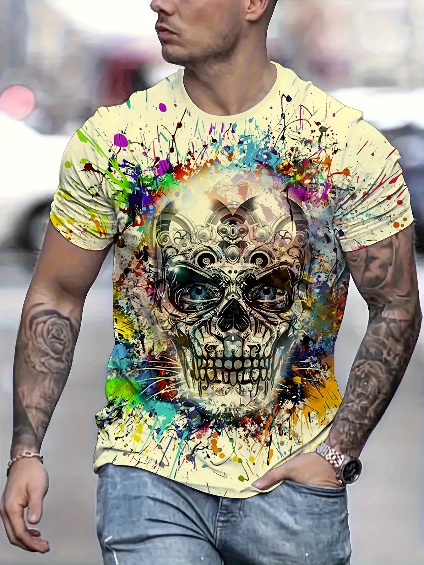 Herren Oversize T-Shirt mit Totenkopf-Splash-Print – Urban Streetwear Stil