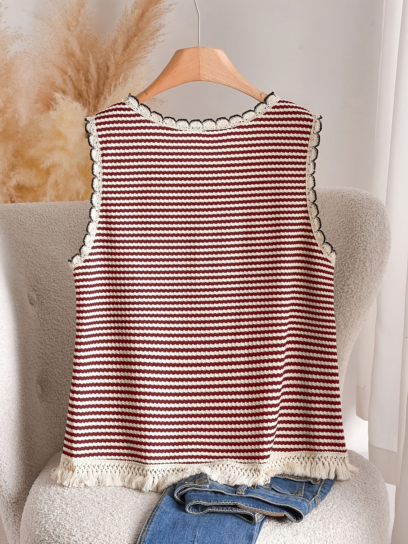 Women's Boho-Style Knit Tank Top with Stripes and Fringes – Elegant Casual Top for Spring and Summer