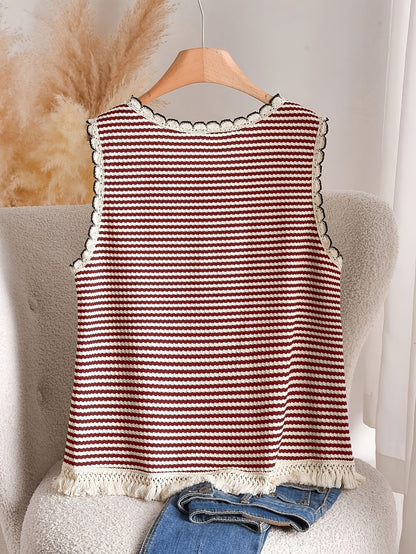 Women's Boho-Style Knit Tank Top with Stripes and Fringes – Elegant Casual Top for Spring and Summer