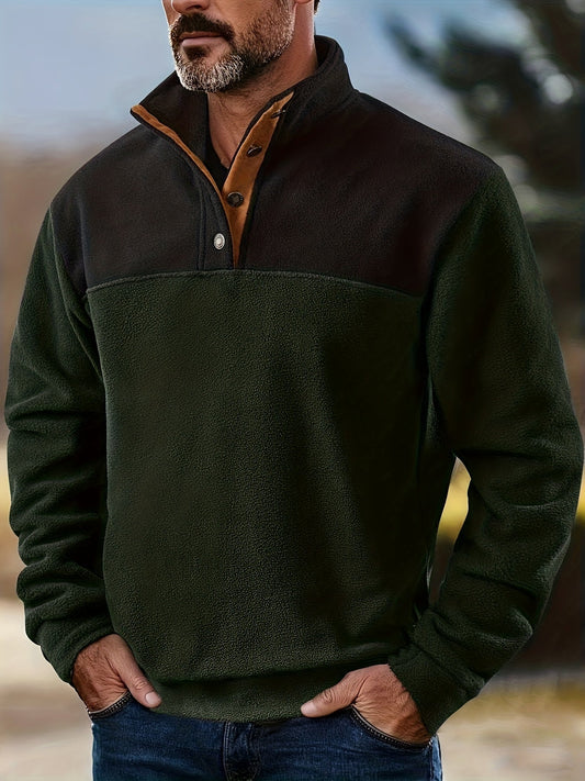 Herren Fleece-Pullover Stehkragen Knopfleiste Patchwork Outdoor