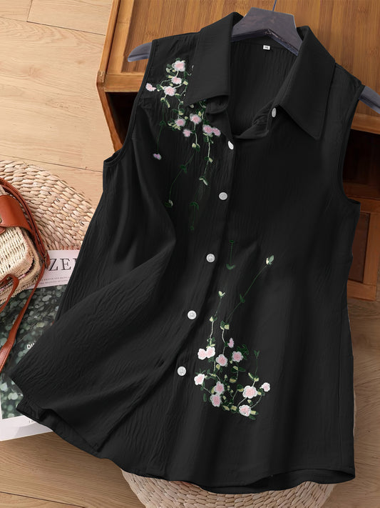 Women's sleeveless blouse with floral embroidery and button placket – Elegant casual style