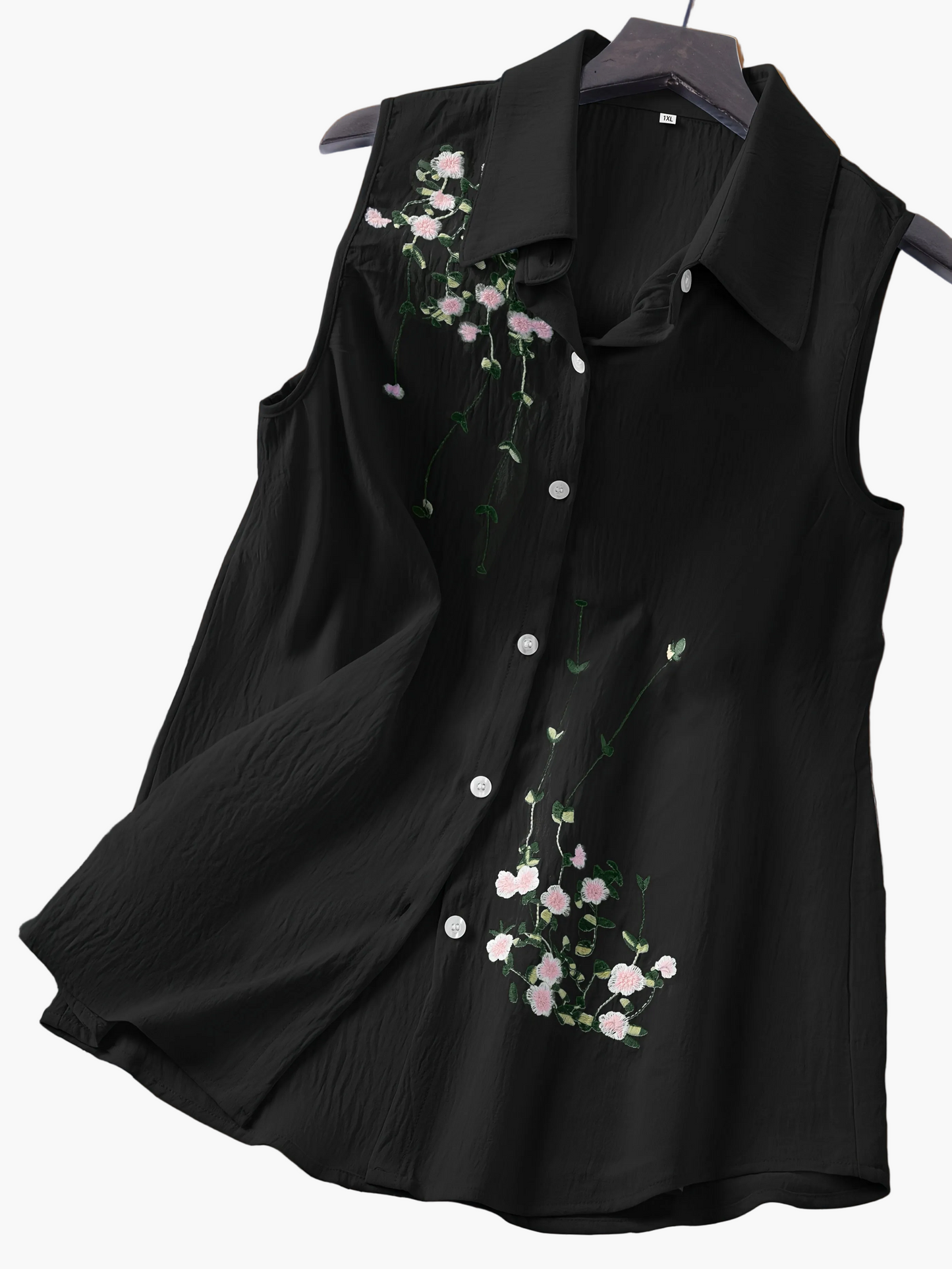 Damen ärmellose Bluse mit Blumenstickerei und Knopfleiste – Eleganter Freizeitstil