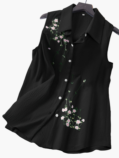Damen ärmellose Bluse mit Blumenstickerei und Knopfleiste – Eleganter Freizeitstil