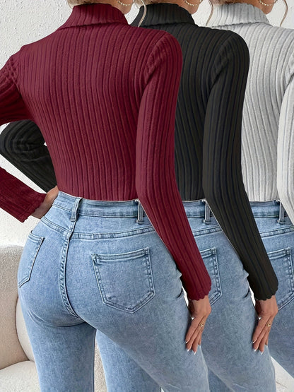 Gerippter Rollkragen Bodysuit Langarm Slim Fit