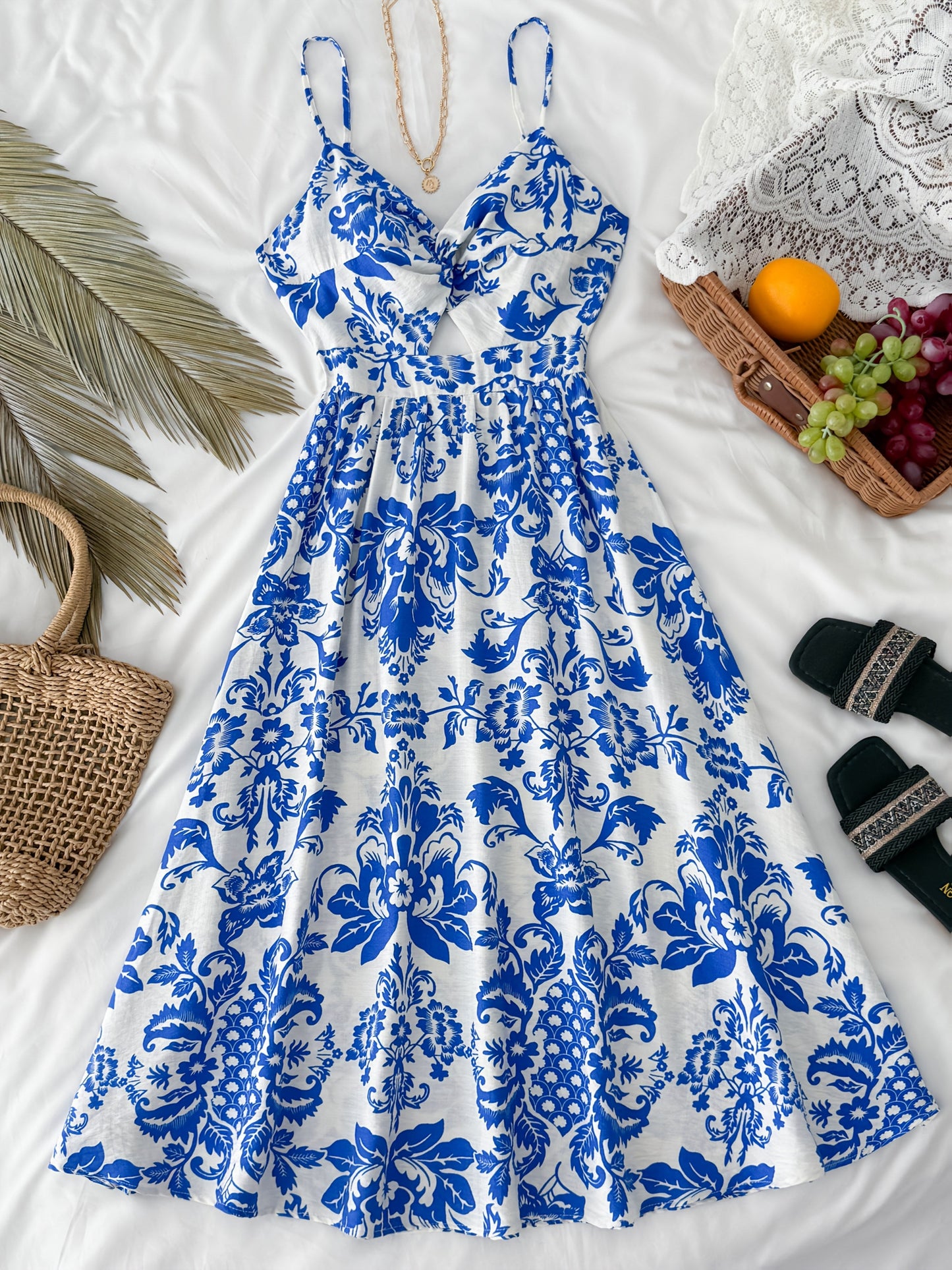 Women's summer midi dress with floral pattern and tie belt – Elegant casual and vacation outfit