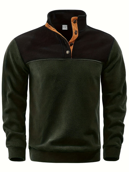 Herren Fleece-Pullover Stehkragen Knopfleiste Patchwork Outdoor