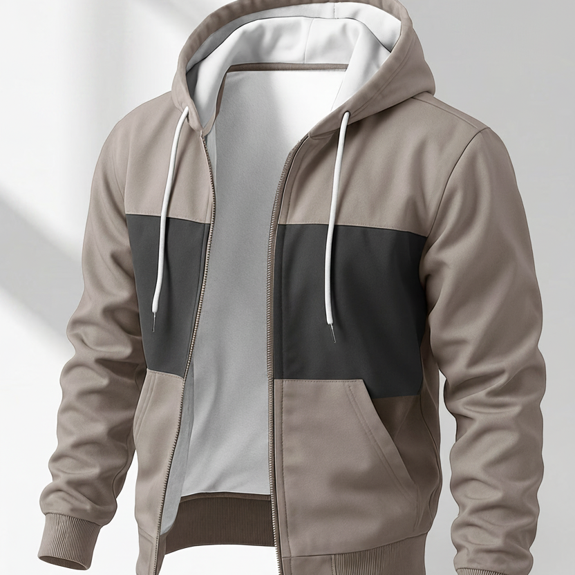 Men's zip-up hoodie jacket with color-block design