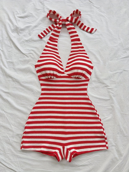 Damen Retro-Style Halterneck Einteiler Playsuit für Sommer und Urlaub
