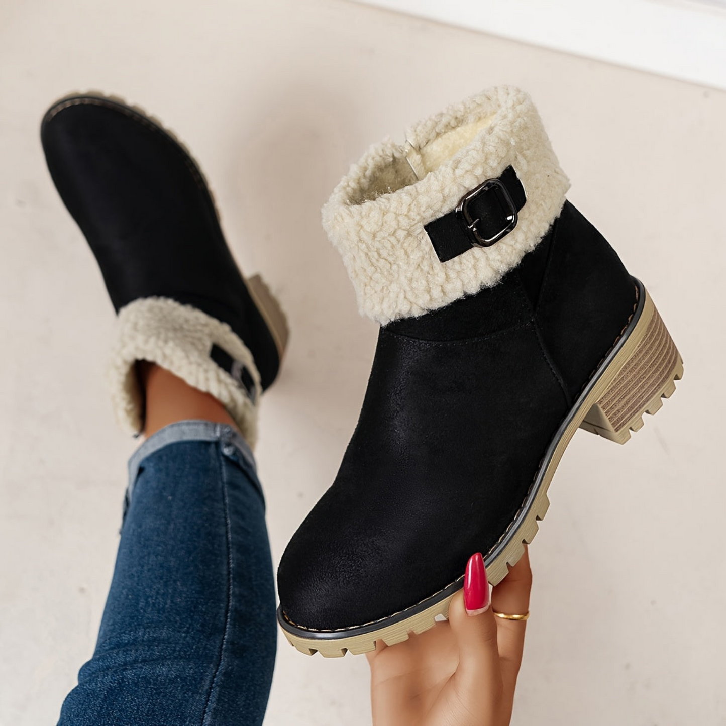 Women’s short winter boots with warm lining, buckle, and heel