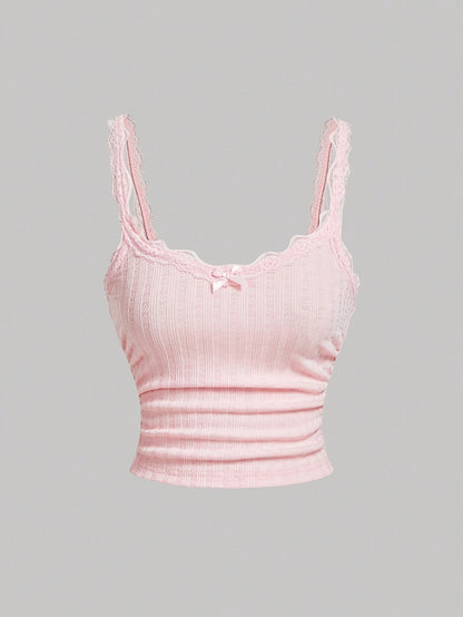 Women's Coquette-Style Camisole Top with Lace and Bow – Feminine Vintage Layering for Casual Wear