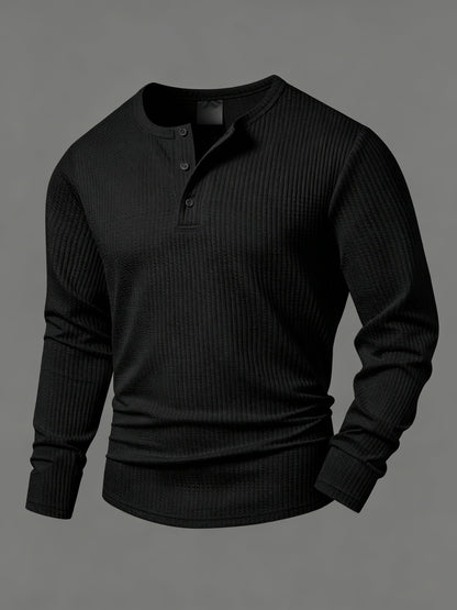 Men's long-sleeve Henley shirt, textured fabric, relaxed fit