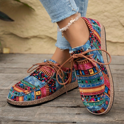 Women's Vintage Casual Shoes with Colorful Ethnic Pattern and Laces – Fashionable Penny Loafers for Everyday & Travel