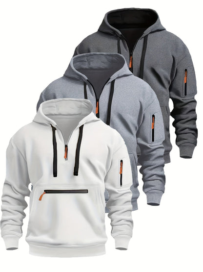 Men's hoodie with zipper and kangaroo pocket, drawstring, long sleeves