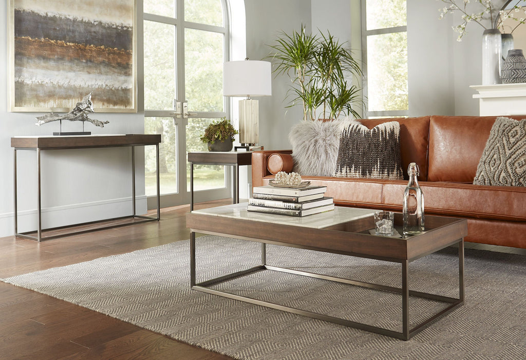 Bijzettafel marmer walnootfineer roestvrij staal Ennis, bruin – H64 x B56 x D56 cm, woonkamer