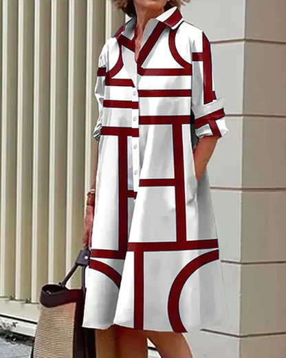 Damen Hemdblusenkleid Oversize mit geometrischem Muster – Stilvolles Freizeit- und Büro-Outfit